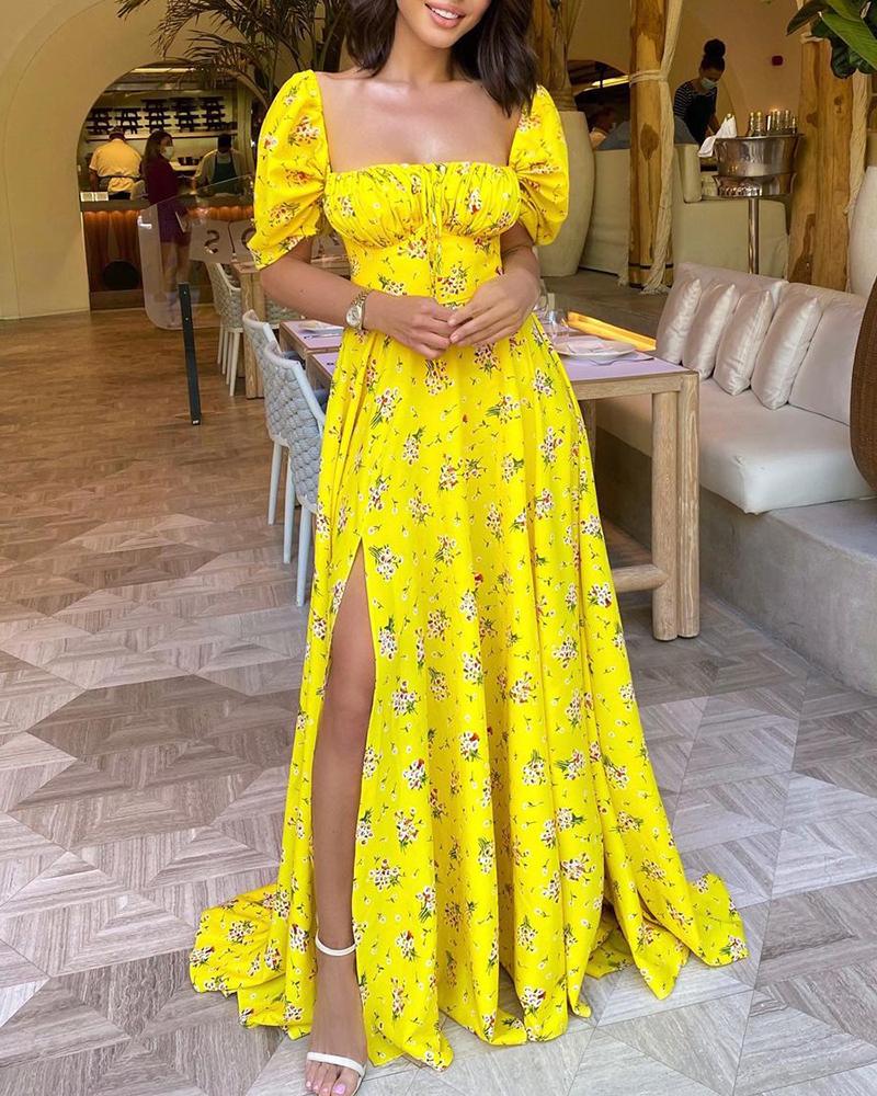 

Floral Print Ruched High Slit Maxi Dress, Yellow