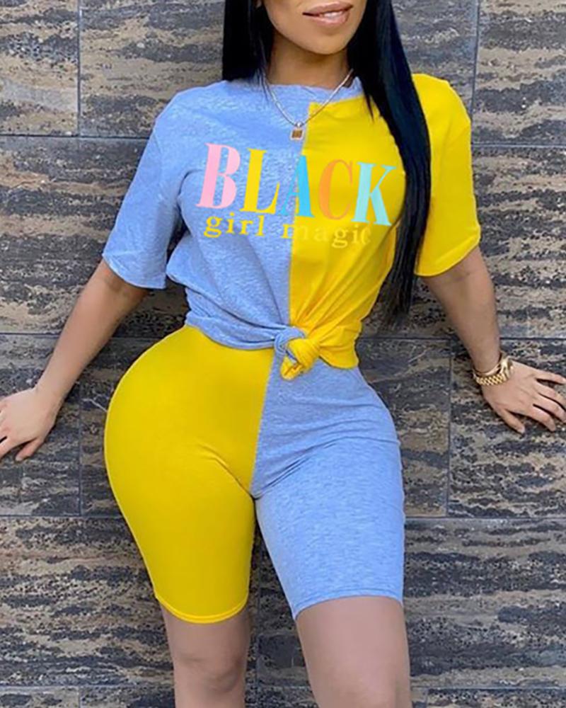 

Colorblock Letter Print Top & Shorts Set, Yellow