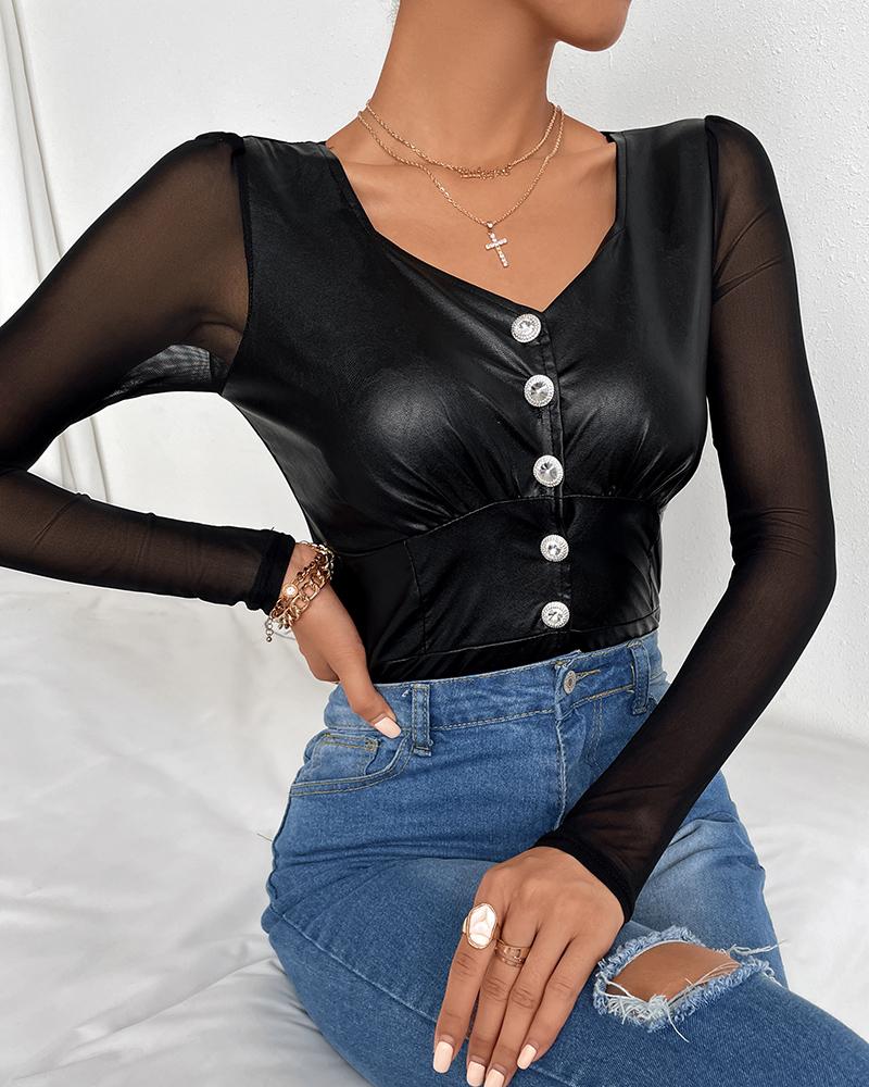 

Letter Print Contrast PU Leather Button Front Mesh Top, Black