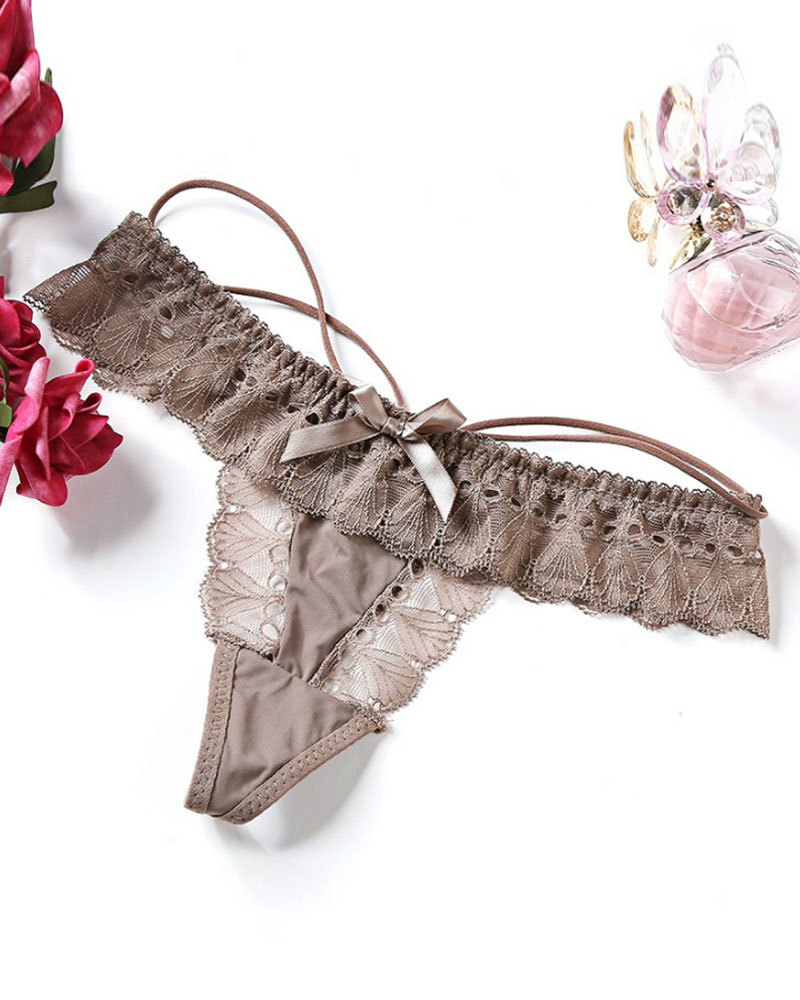 

Bowknot Decor Floral Lace Thong Panty, Brown