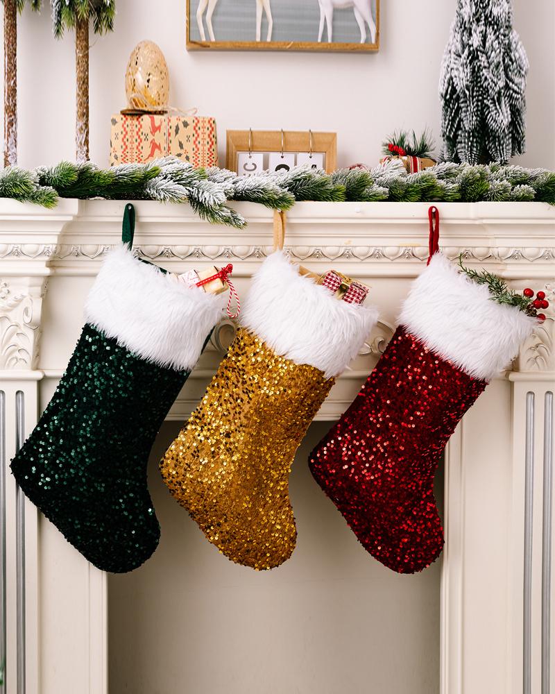 

1pc Christmas Stocking Allover Sequin Hanging Stocking Christmas Tree Ornament Spoon Fork Bag Kids Gift Decoration Party Supplies, Red