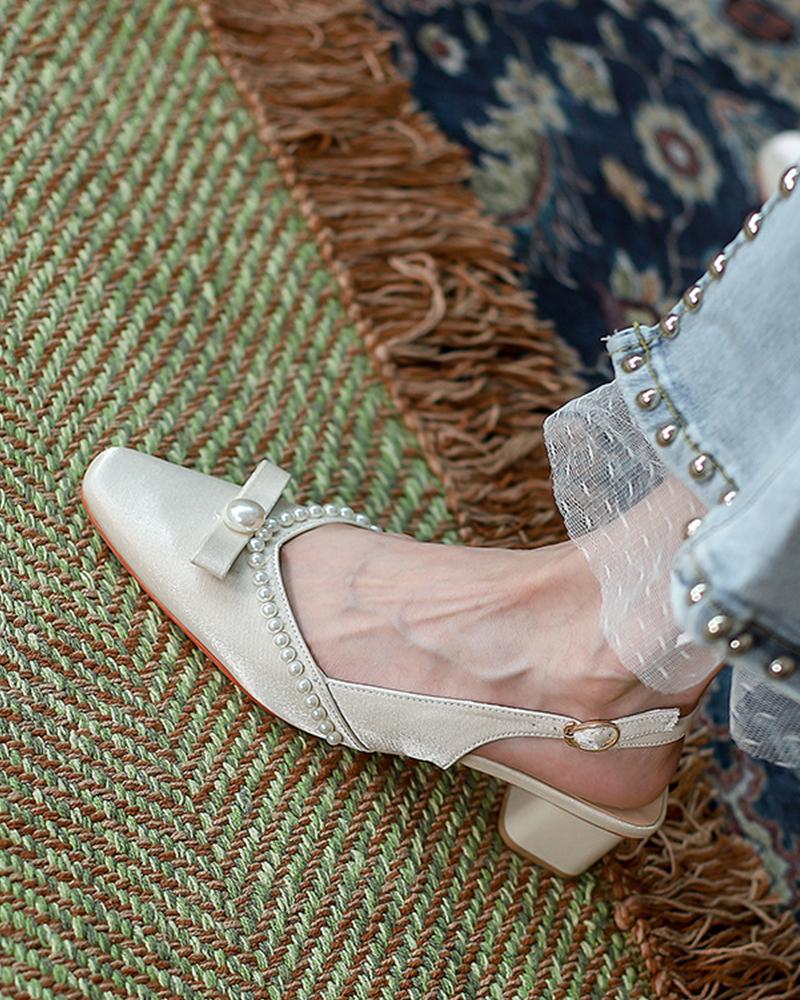 

Square-toe Splicing Beaded Sling Back Heel Shoes, Apricot