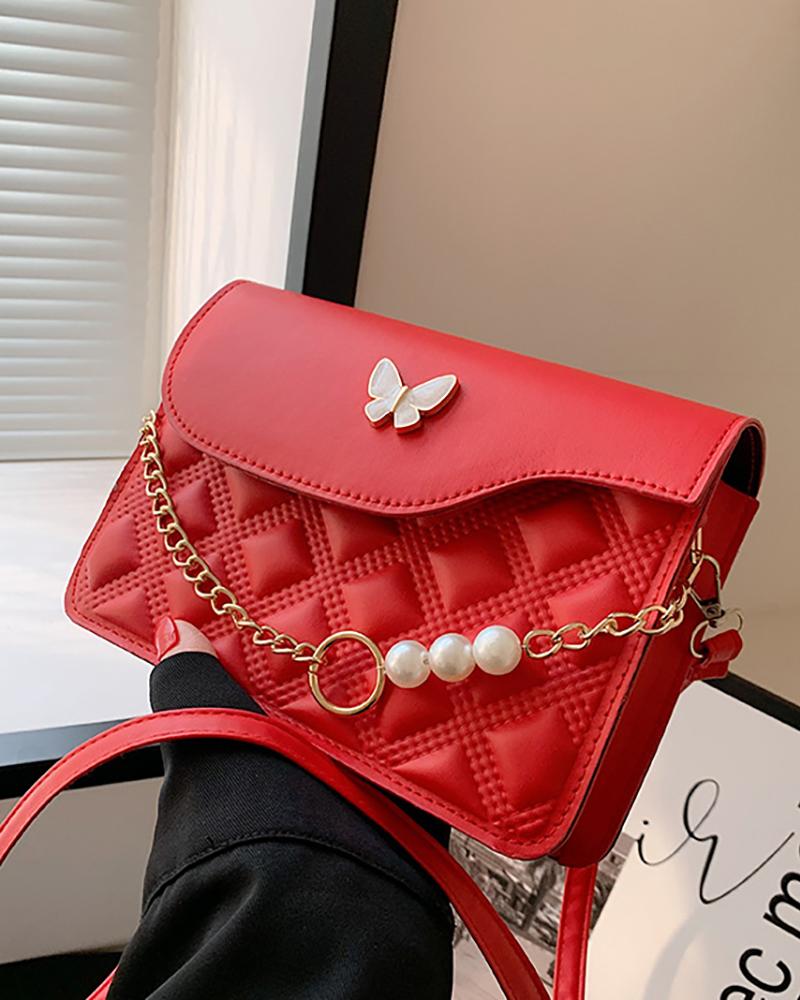 

Pearls Chain Decor Butterfly Pattern Quilted Crossbody Bag, Red