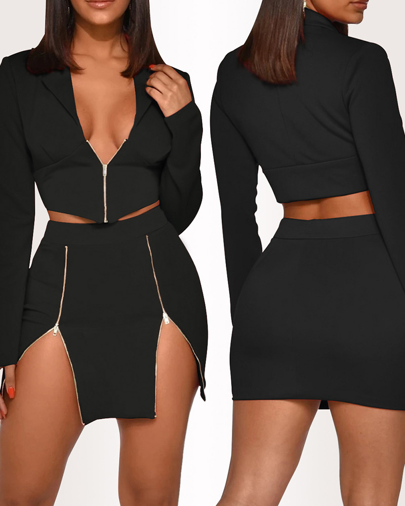 

Zip Front Blazer Coat & High Waist Skirt Set, Black