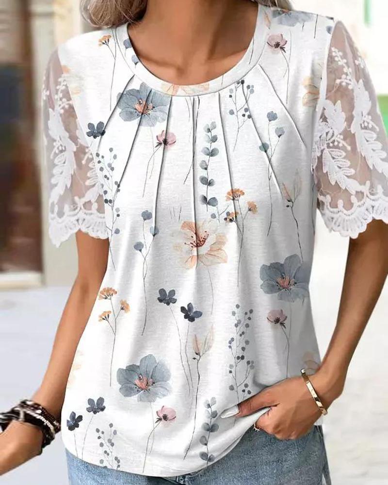 

Floral Print Ruched Lace Patch Casual T-shirt, White