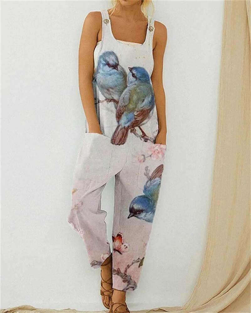 

Bird Floral Print Pocket Detail Suspender Jumpsuit, Multicolor