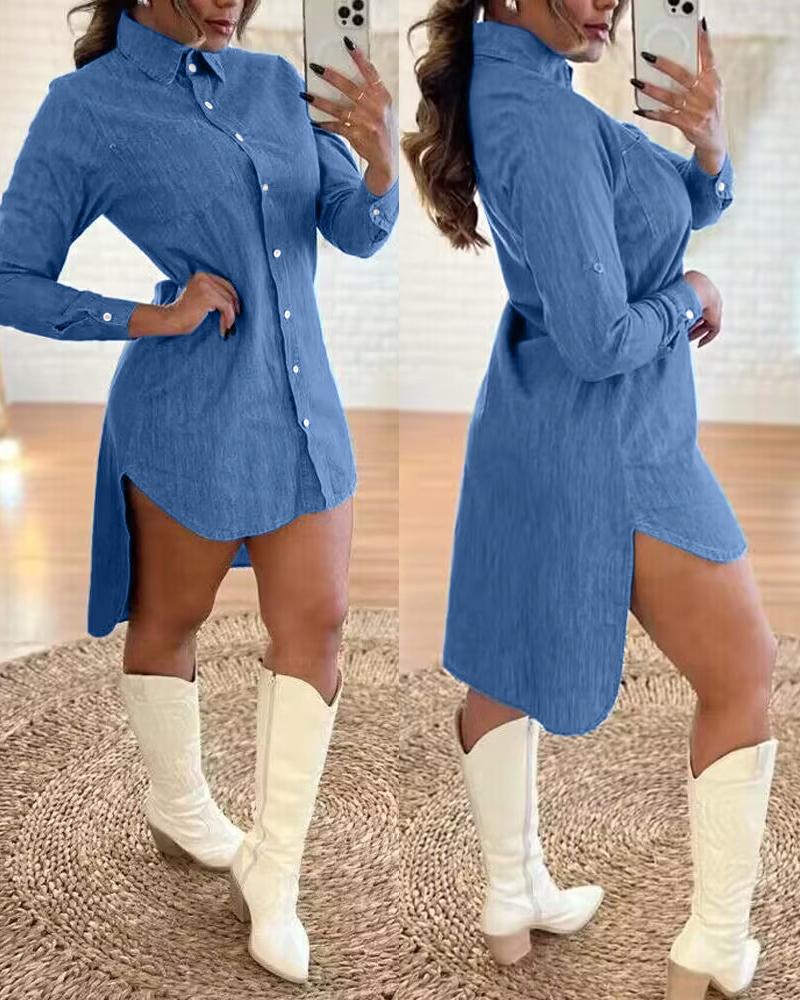 

Buttoned Dip Hem Denim Shirt Dress, Blue