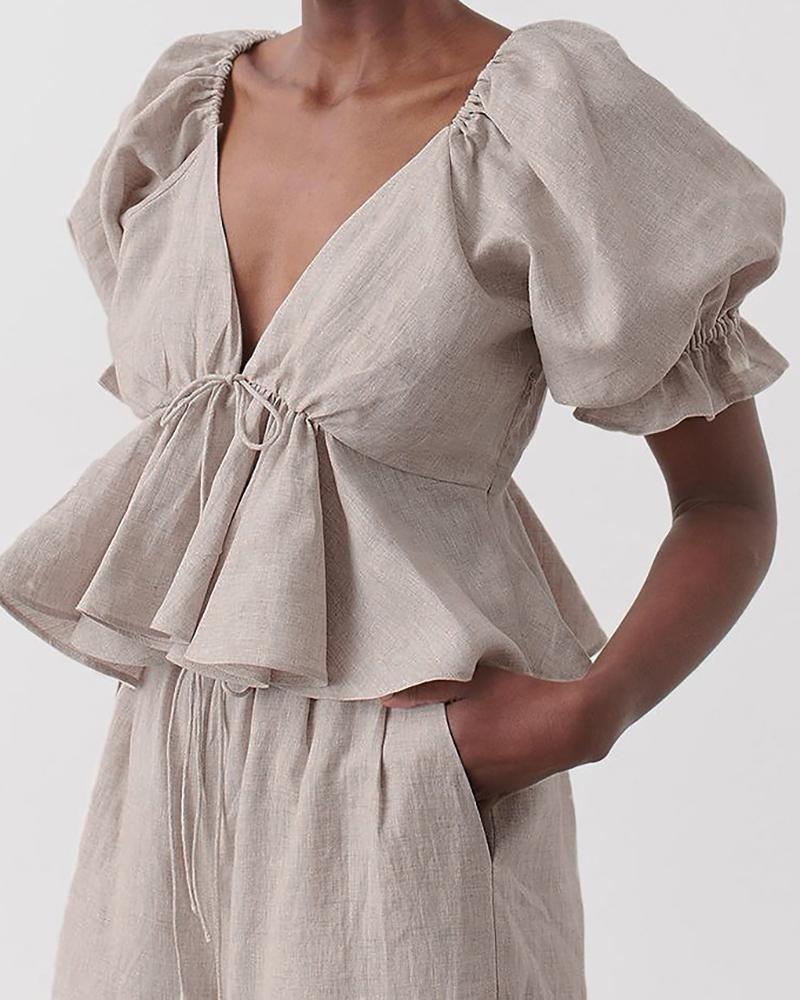 

Tied Detail Ruffles Puff Sleeve Backless Top, Khaki