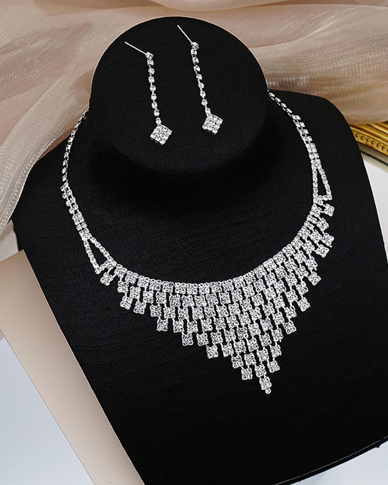 

Square Rhinestone Drop Earrings & Necklace Jewelry Set, Silver