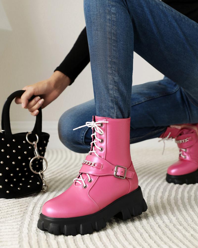 

Womens Strap Decoration Round Toe Shiny Finish Lace-up Martin Boots, Hot pink