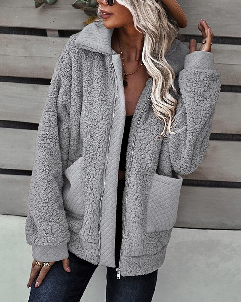 

Long Sleeve Pocket Detail Zip Up Teddy Coat, Gray