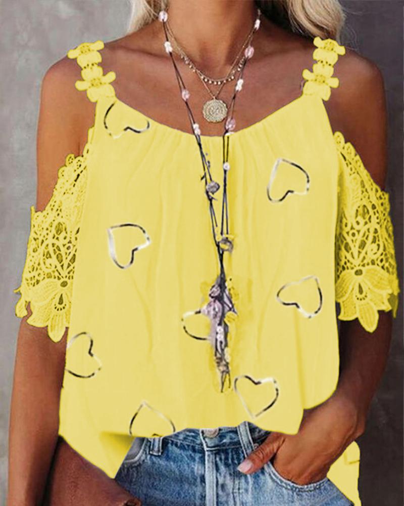 

Heart Print Contrast Lace Cold Shoulder Top, Yellow