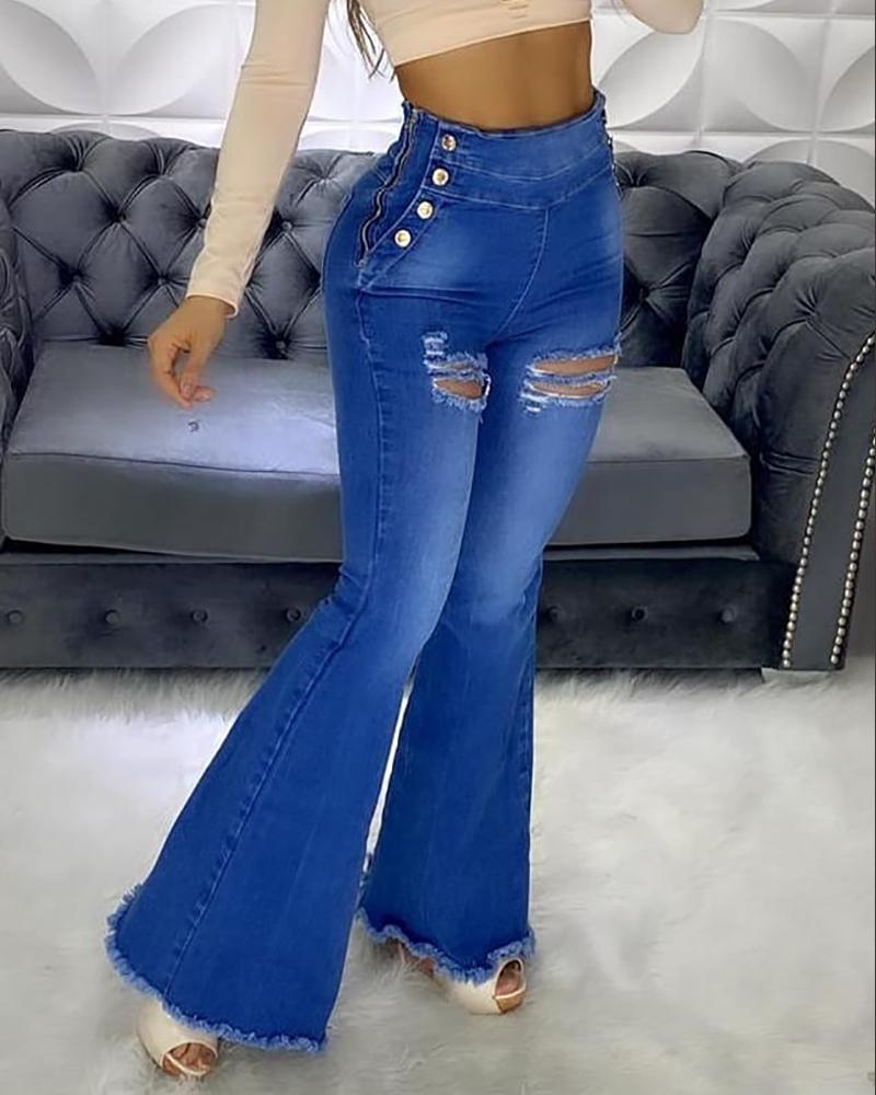 

Ripped Fringe Hem High Waist Zipper Design Jeans, Blue