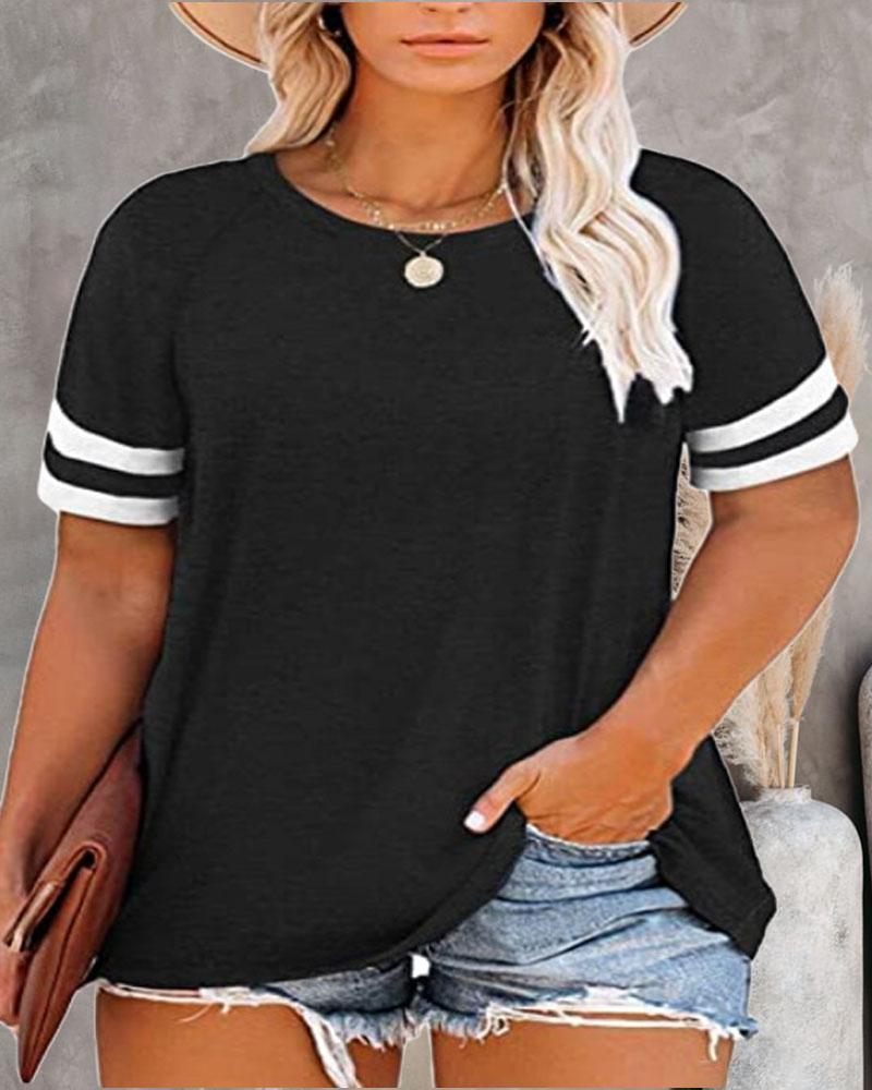 

Plus Size Contrast Paneled Short Sleeve Casual T-shirt, Black
