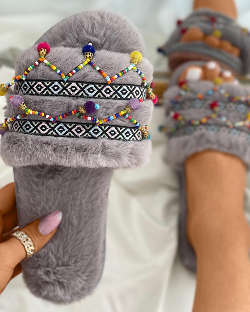

Colorful Beaded Decor Embroidery Fluffy Slippers, Gray