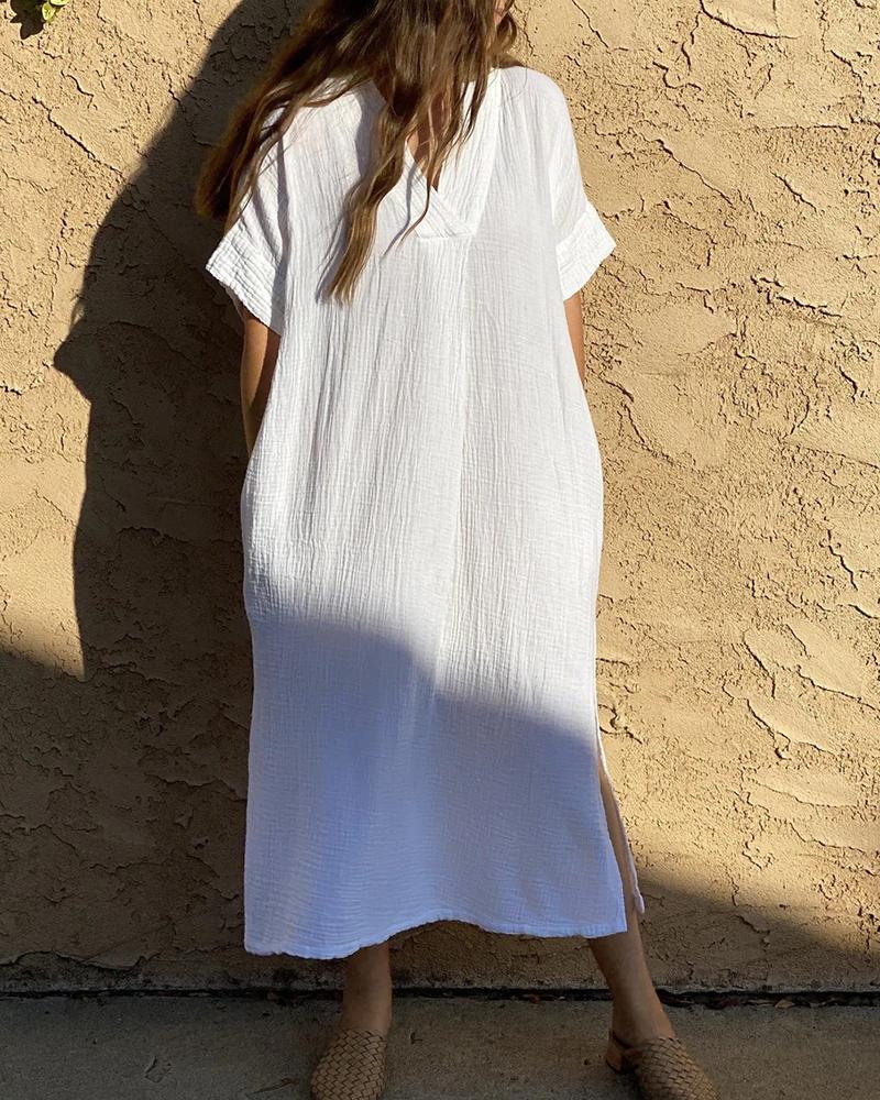 

Short Sleeve Slit Beach Cover Up Dress, White