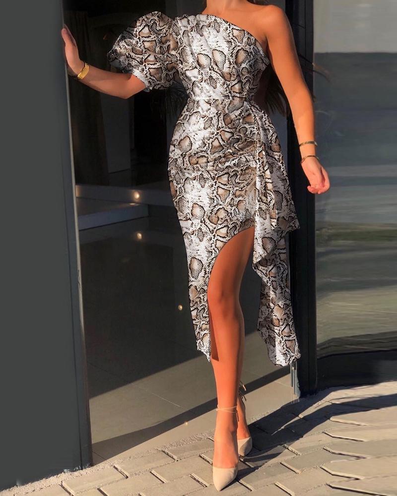 

One Shoulder Snakeskin Print Slit Ruffles Dress, Brown