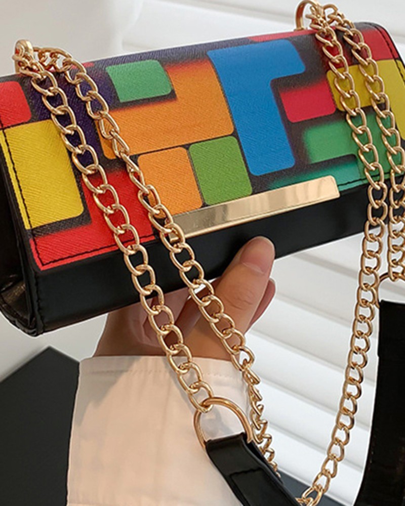 Vintage Colorblock Flap Square Shoulder Bag
