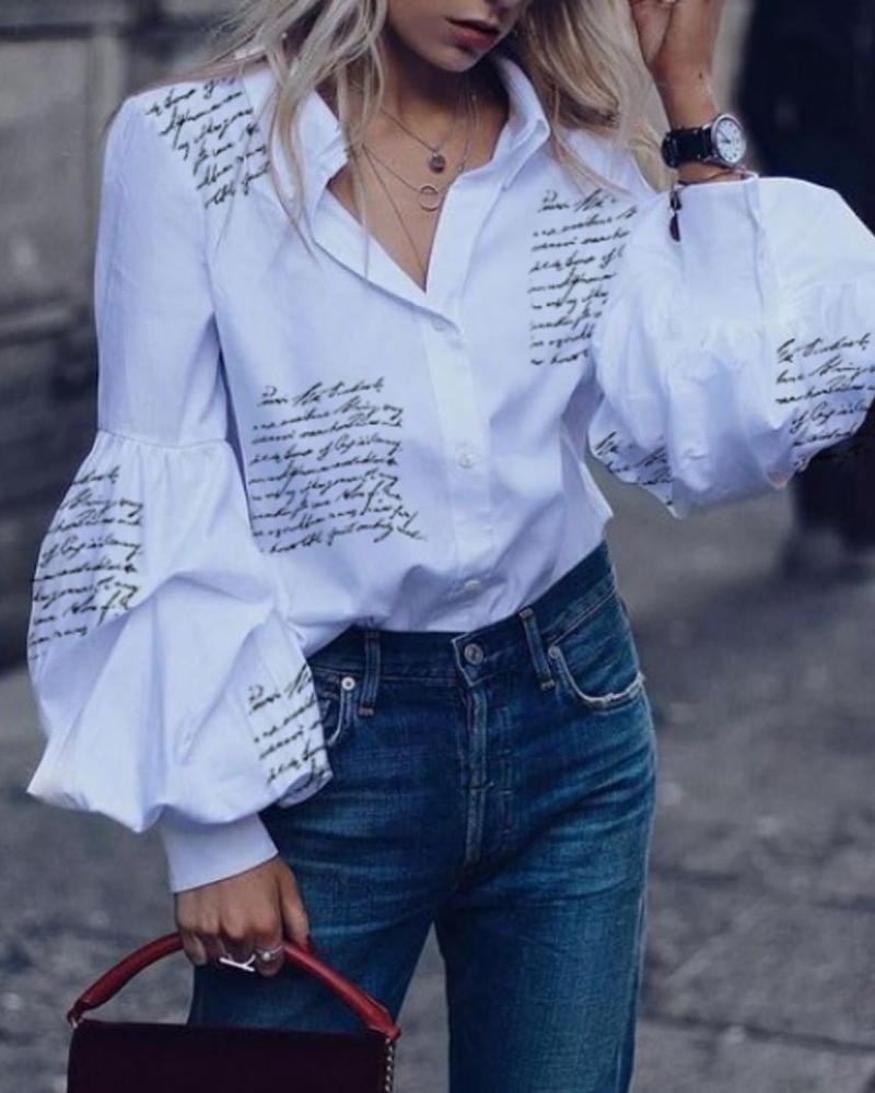 

Letter Print Lantern Sleeve Casual Shirt, White