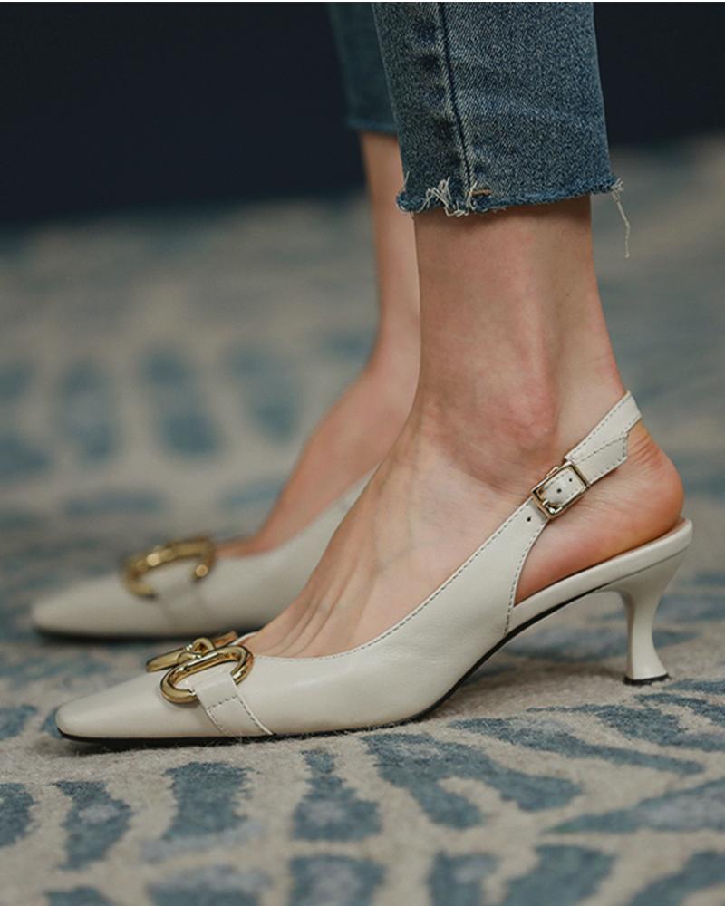 

Buckled Square Toe Slingback Pyramid Heels, Beige