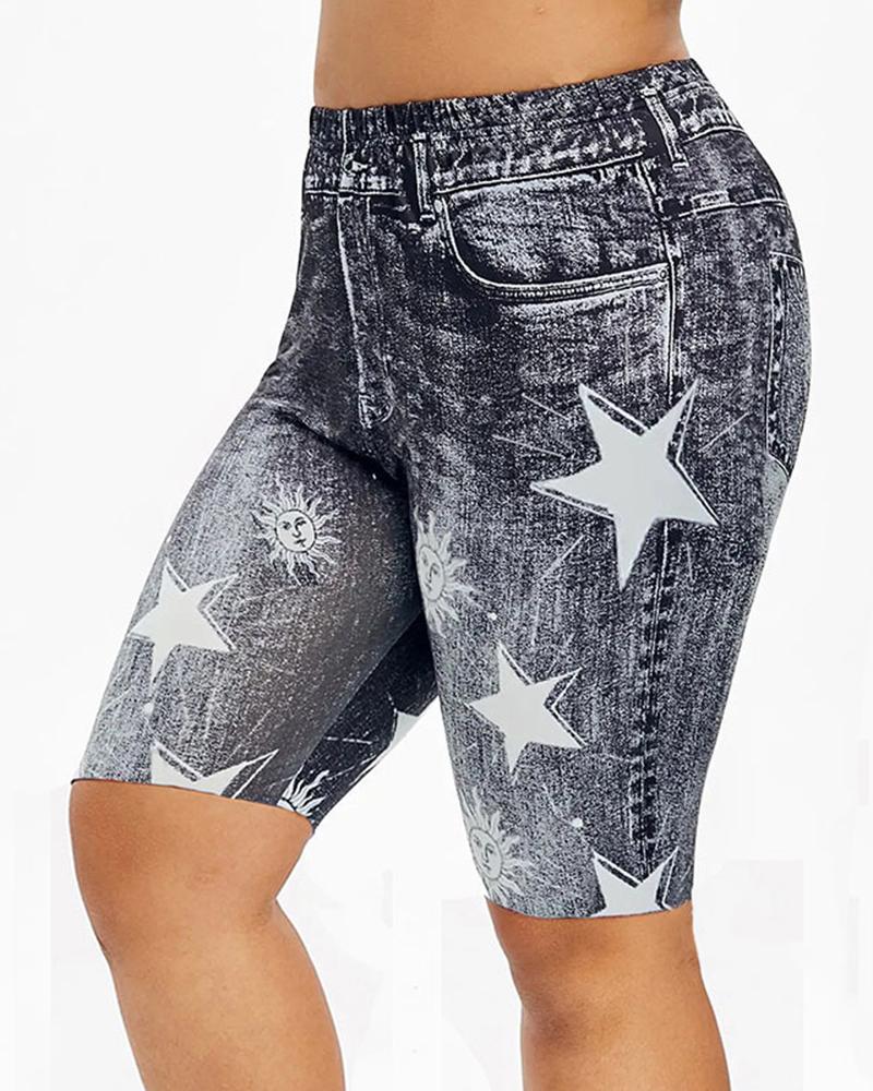 

Star Print High Waist Sports Leggings Yoga Shorts, Gray