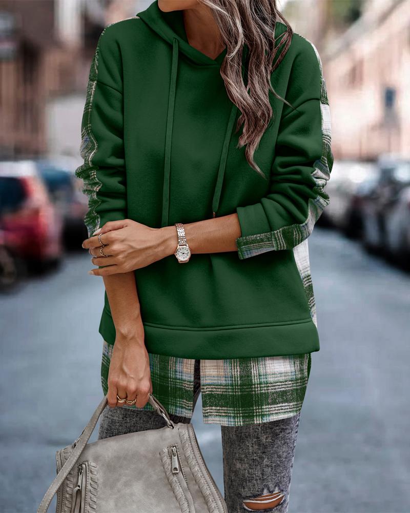 

Contrast Plaid Long Sleeve Casual Hoodie, Green