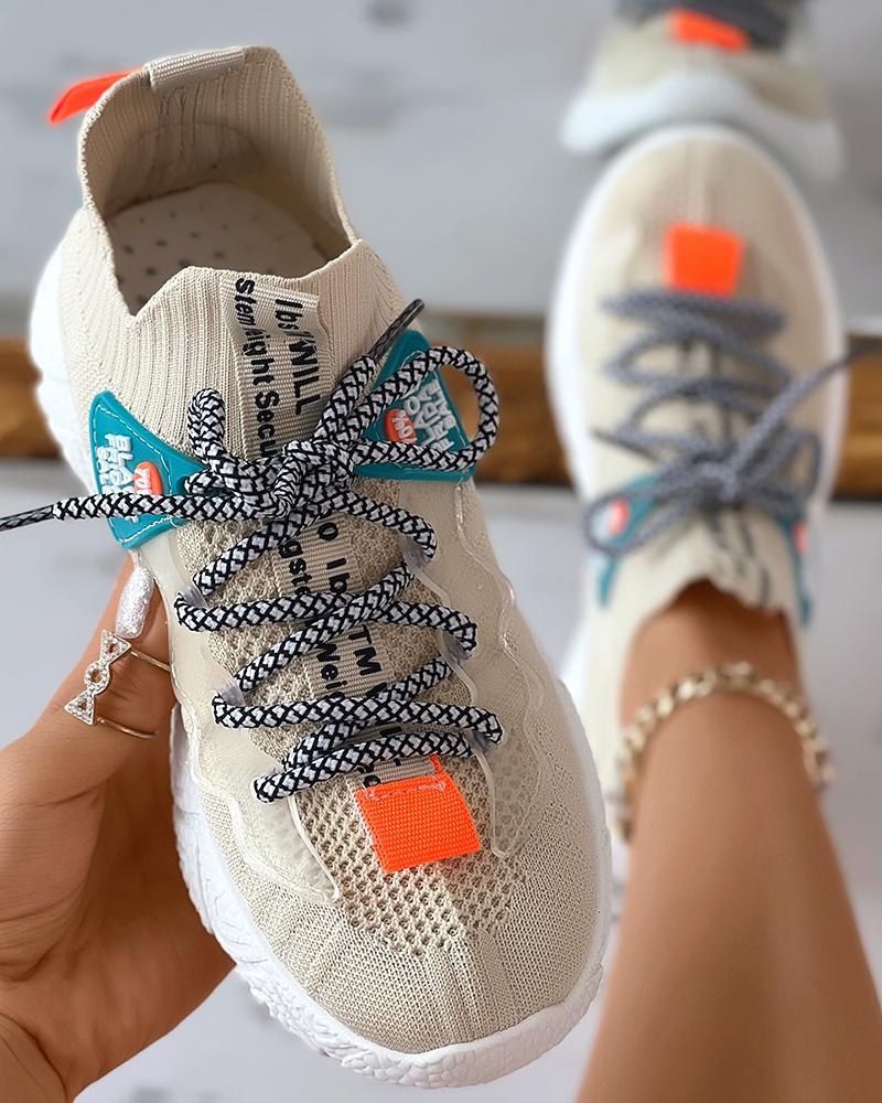 

Breathable Lace-up Knit Sneakers, Apricot