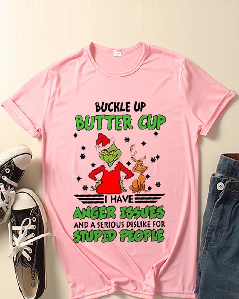 

Christmas Short Sleeve Snowflake Grinches Letter Print T-shirt, Pink