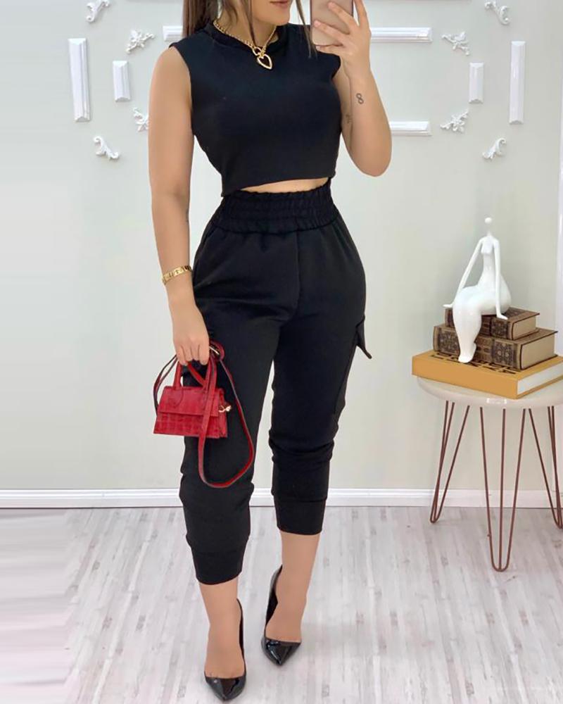 

Plain Round Neck Top & High Waist Pants Set, Black