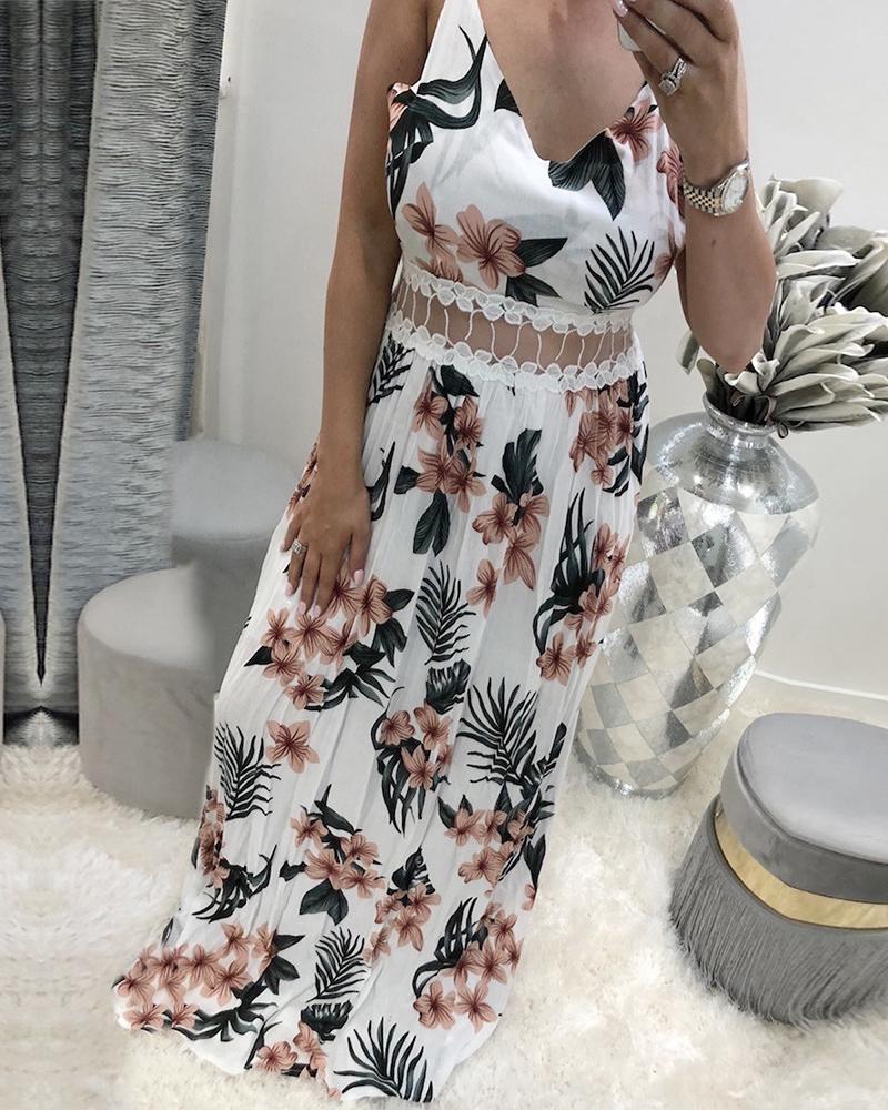

Lace Patch Sheer Mesh Tropical Print Dress, White