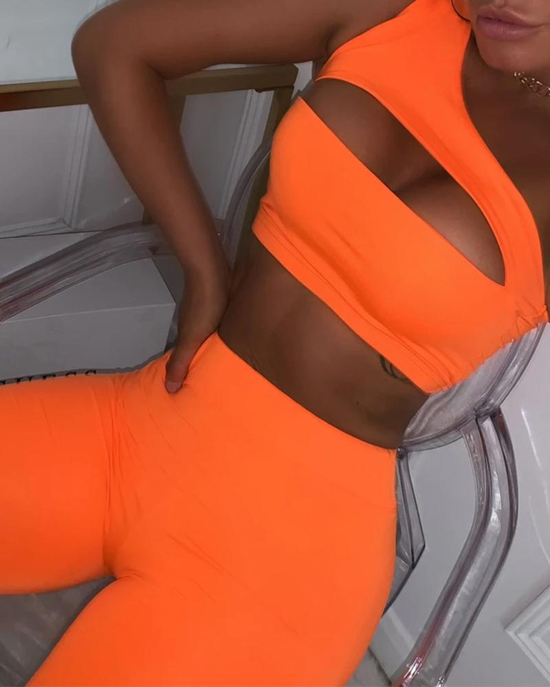 

One Shoulder Cutout Plain Crop Top & Shorts Sets, Orange