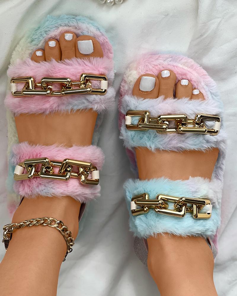 

Tie Dye Print / Cheetah / Plain Chain Strap Fluffy Slippers, Multicolor