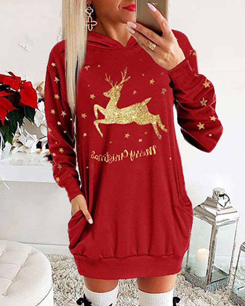 

Christmas Moose Letter Print Dress, Red