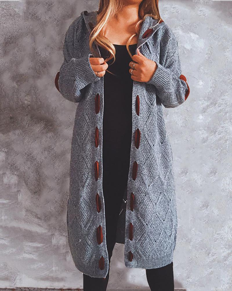 

Suede Patch Lantern Sleeve Hooded Knit Cardigan, Blue