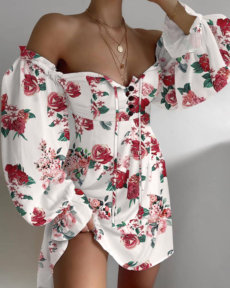 

Floral Print Off Shoulder Button Detail Flounce Sleeve Tie Front Dress, Red
