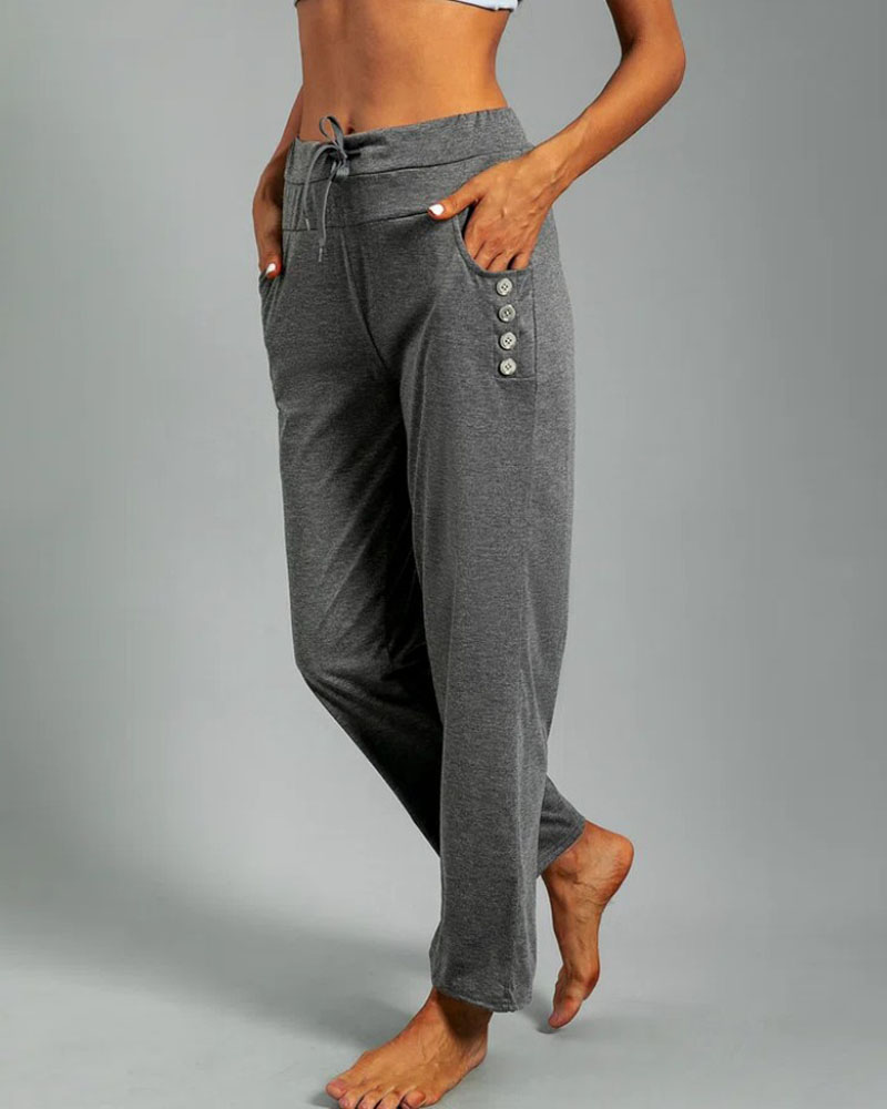 

Button Decor Drawstring Waist Casual Pants, Dark grey