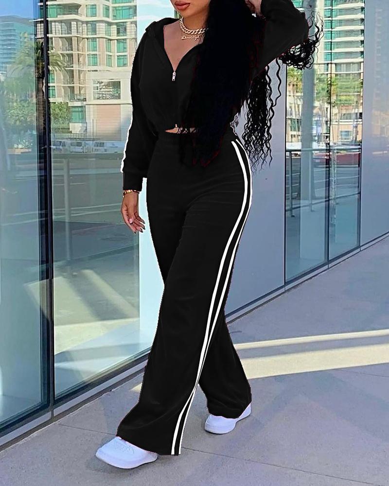 

Striped Tape Zipper Design Hooded Coat & High Waist Pants Set, Black