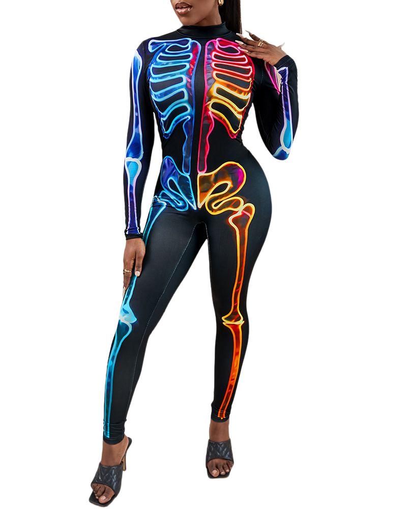 

Halloween Colorful Skeleton Print Costume Jumpsuit Without Mask, Multicolor