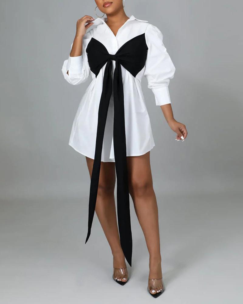 

Bowknot Tied Detail Button Down Shirt Dress, White