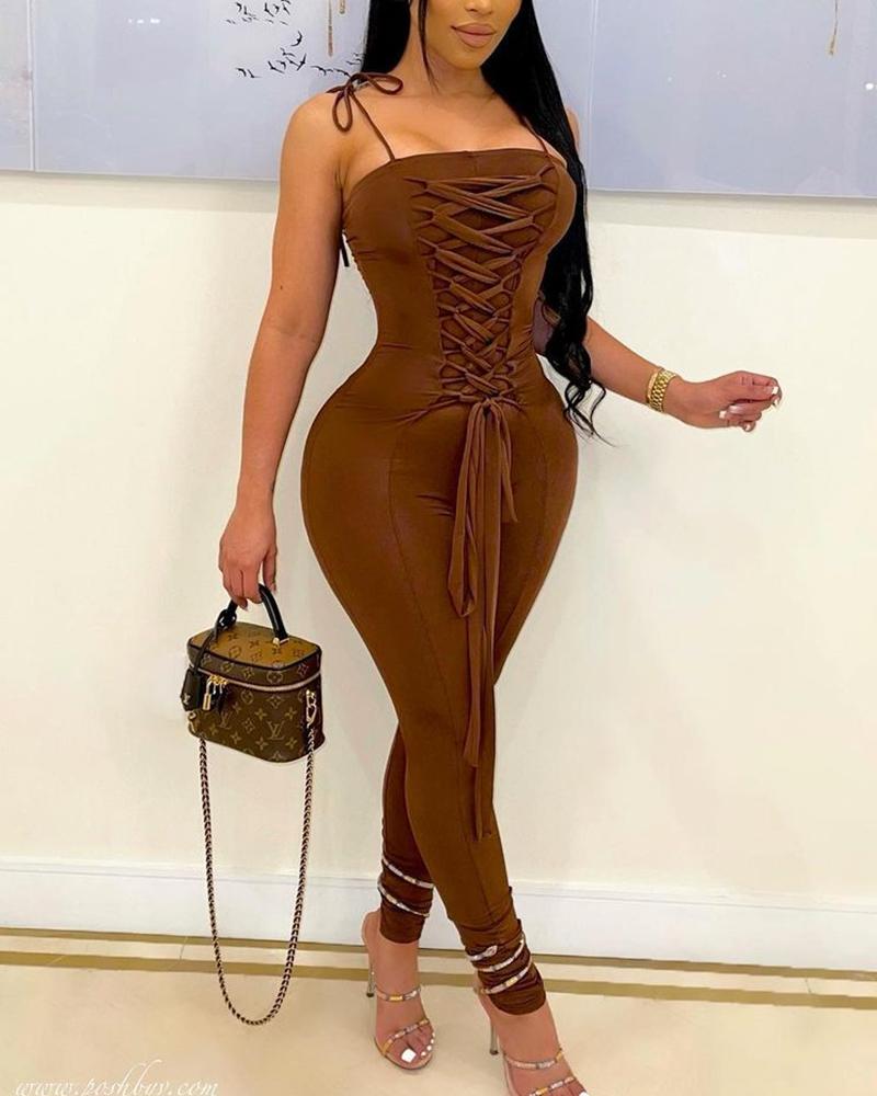 

Lace-up Front Skinny Cami Jumpsuit, Brown