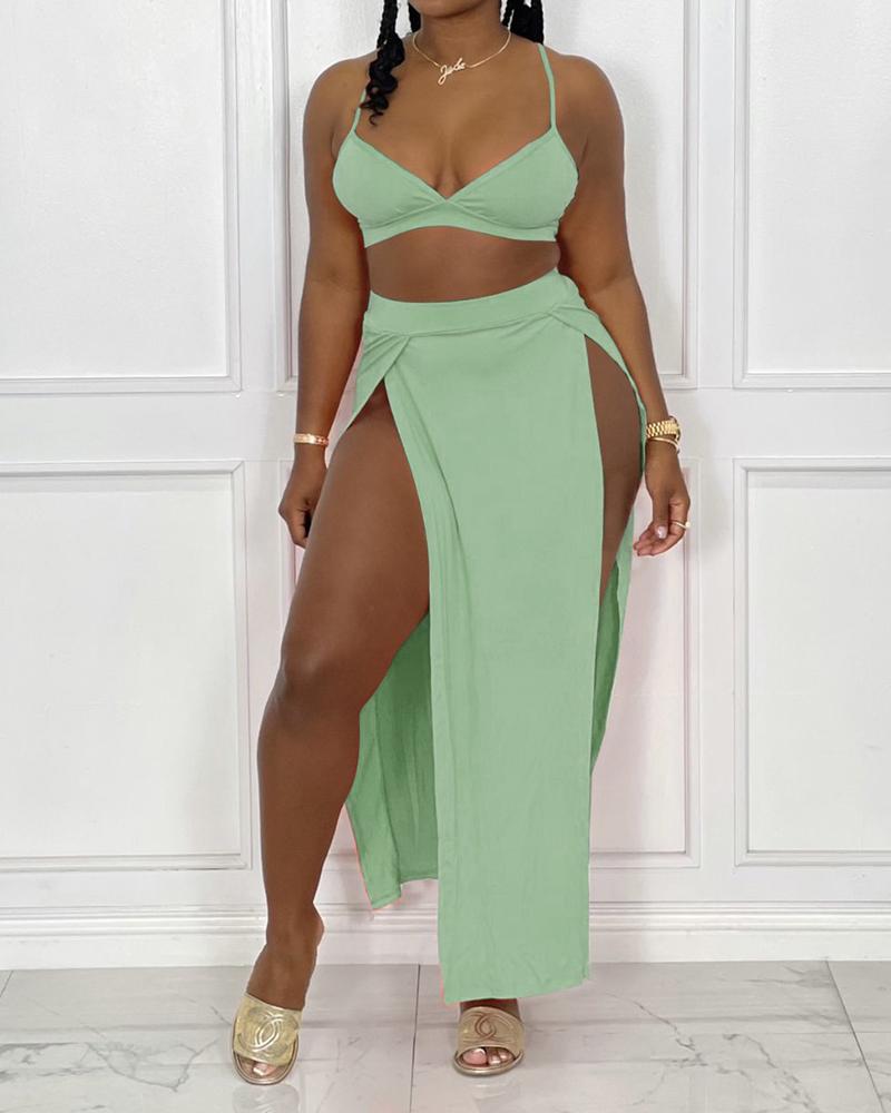 

Bust Crop Top & Split Thigh Skirt Set, Green