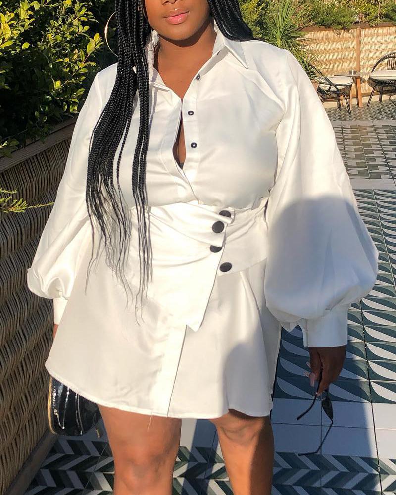 

Plus Size Lantern Sleeve Buttoned Shirt Dress, White