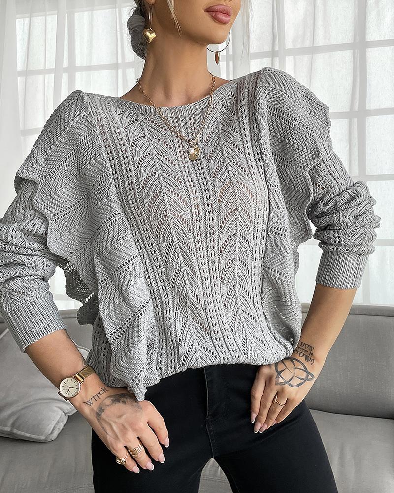 

Long Sleeve Ruffle Hem Hollow-out Sweater, Gray