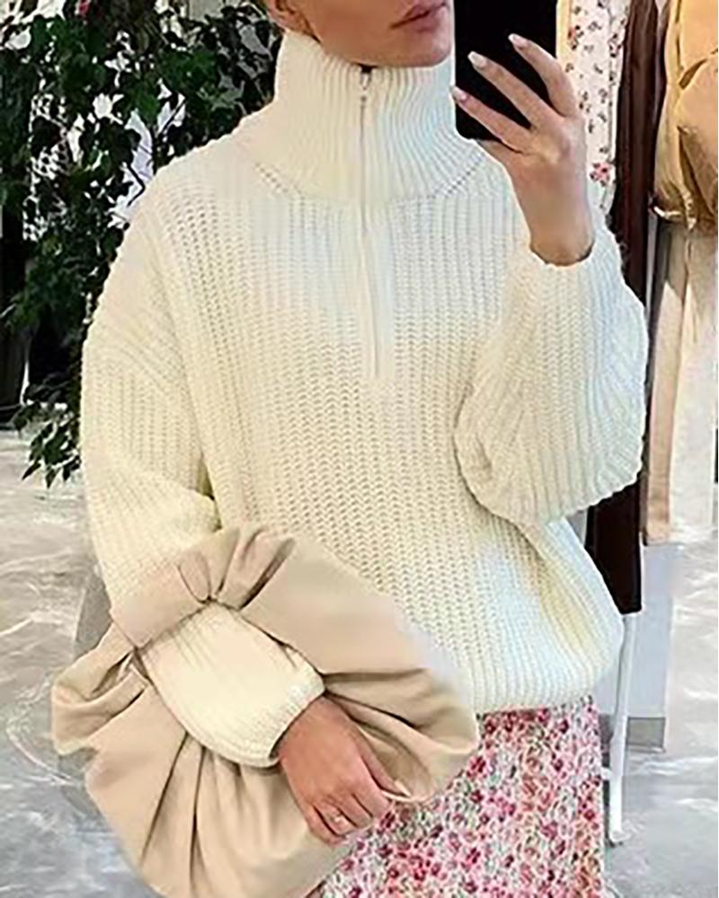 

Knit Zip Design High Neck Long Sleeve Sweater, Beige