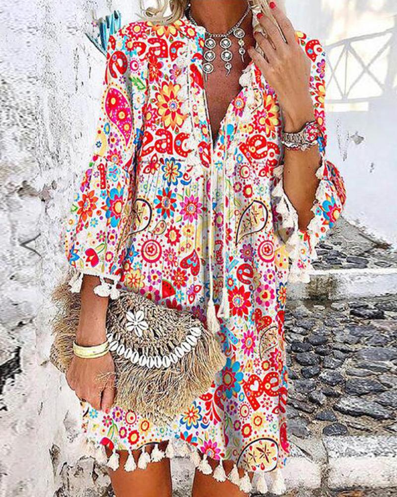 

Floral Print V-neck Pullover Fringe Dress, Red