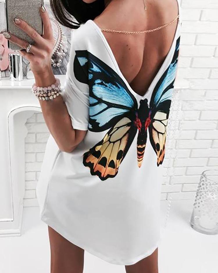 

High-Low Butterfly Print V Back T-shirt, White