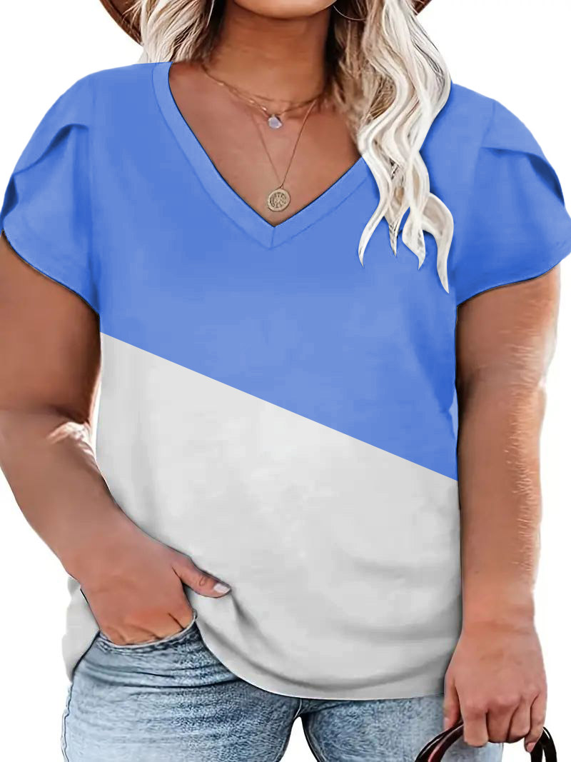 

Plus Size Colorblock Petal Sleeve V-Neck T-Shirt, Blue