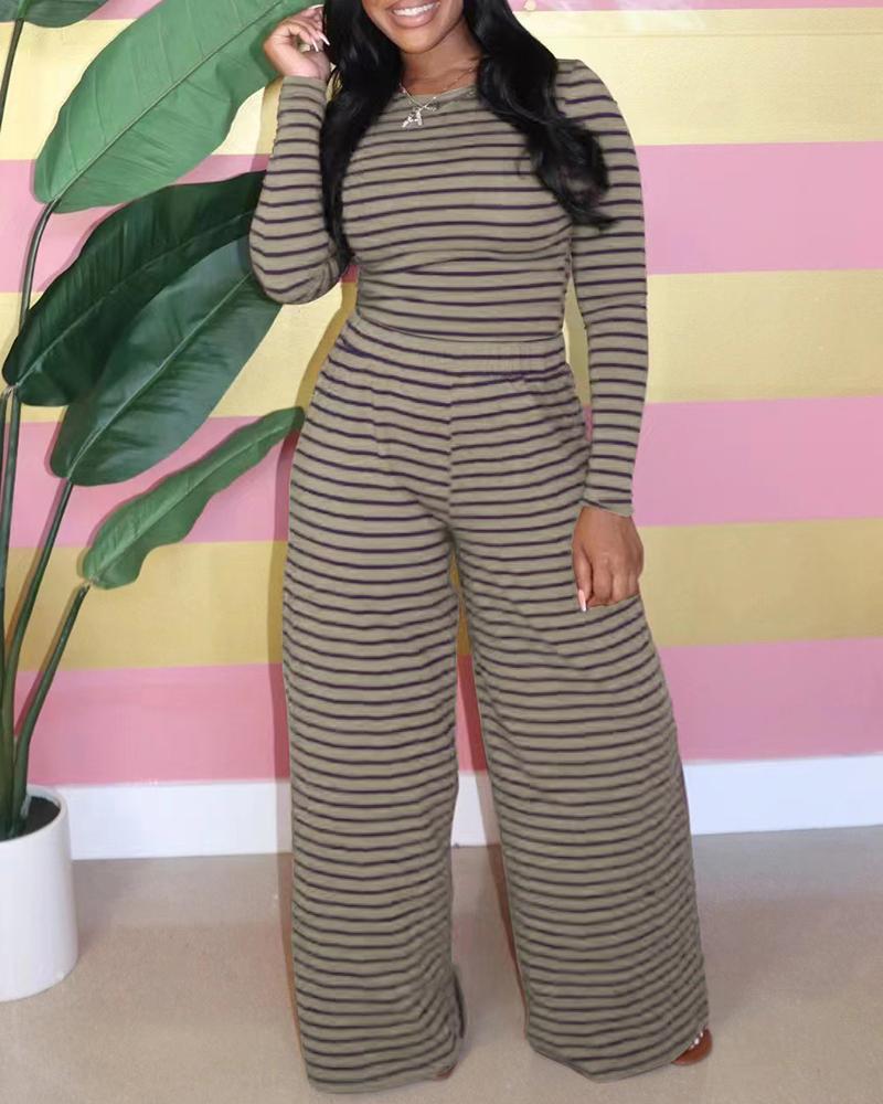 Striped Crop Top & High Waist Wide Leg Pants Set