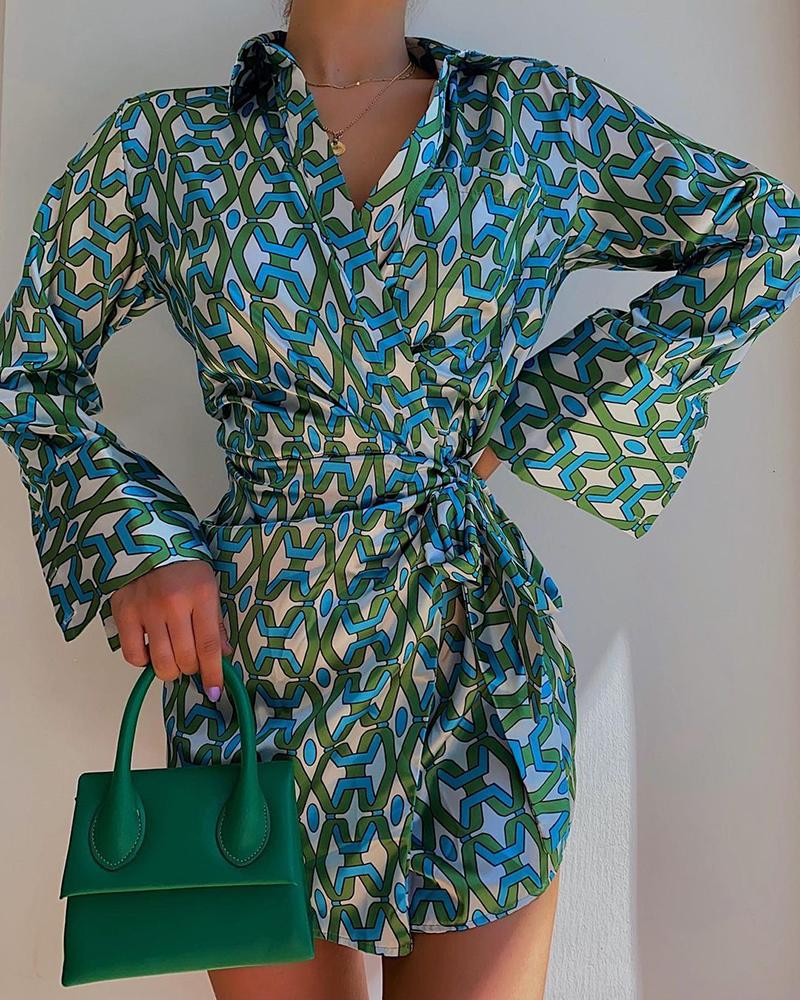 

Allover Print Tied Detail Bell Sleeve Shirt Dress, Blue