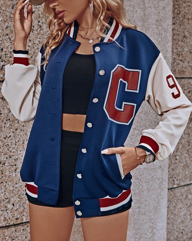 

Letter Print Colorblock Buttoned Baseball Jacket, Dark blue